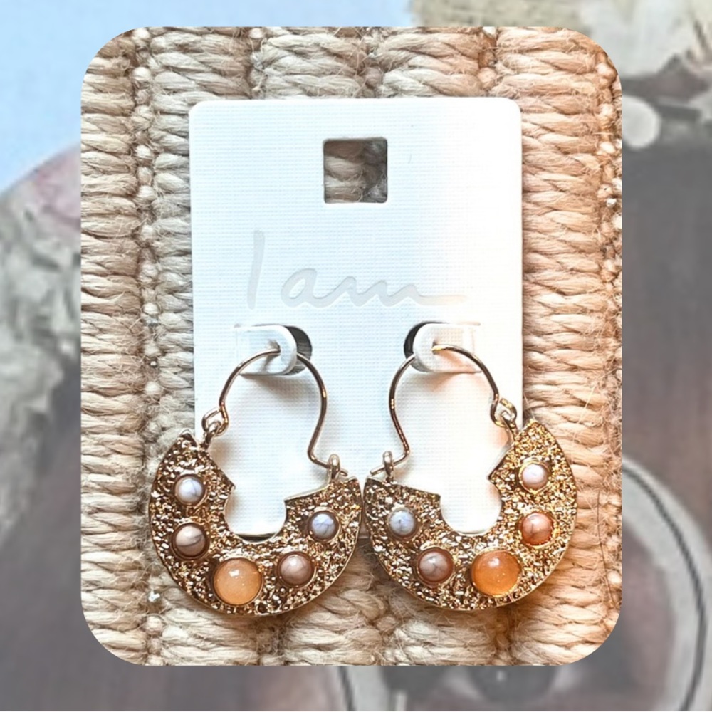 🎉🎉textured gold-plated half circle boho earrings with gemstones